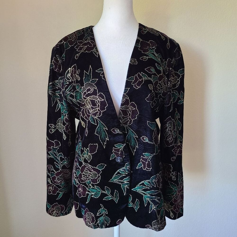 Norton McNaughton Petites Blazer 10 P Black Gold Floral Roses Unlined Holiday - Picture 4 of 13